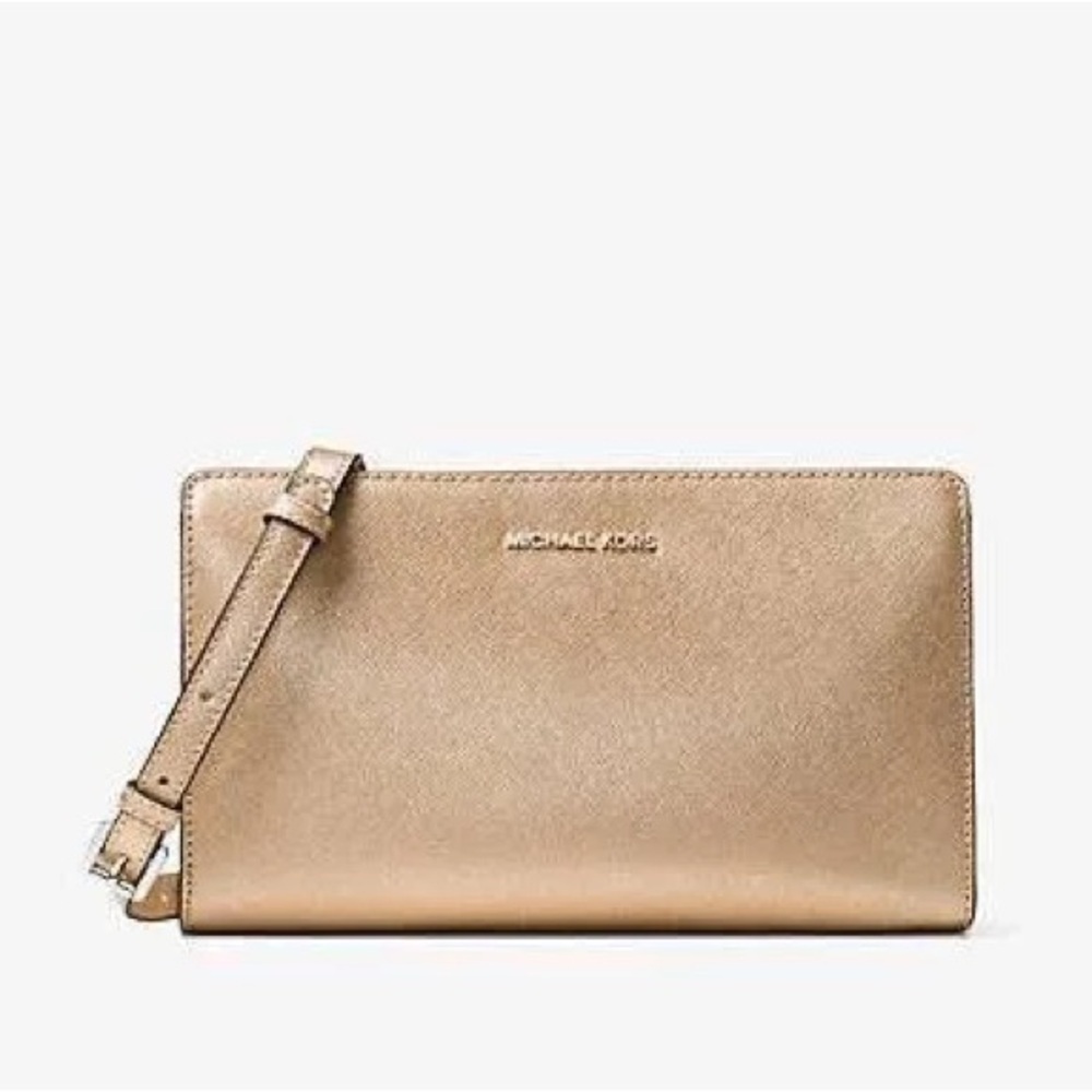 Michael Kors Jet Set Travel Large Saffiano Leather Crossbody Clutch Pale Gold - Picture 3 of 15